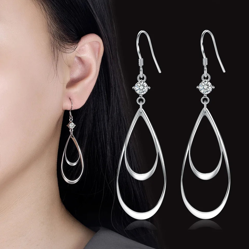 Women's Silver Oval Shaped Water Drop Earrings