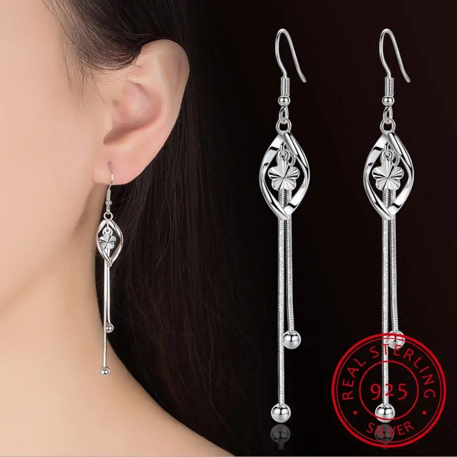Women's Silver Leaf Tassel Drop Earrings